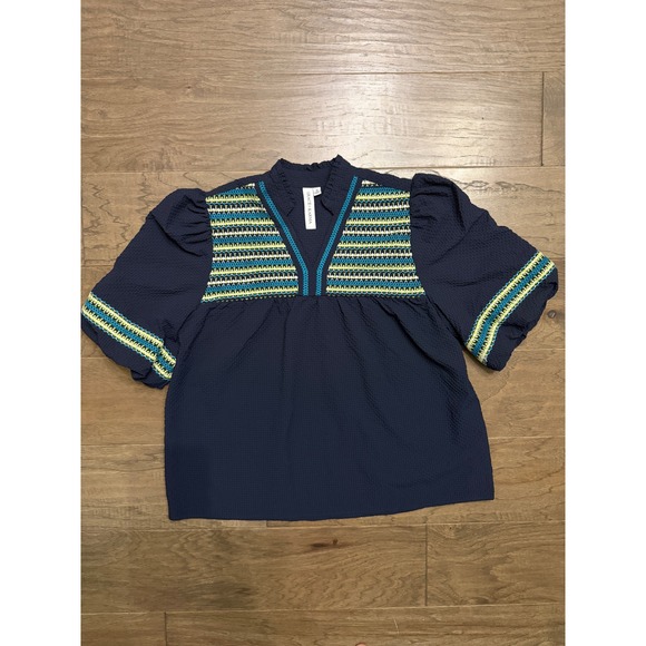 Grace + Karma Tops - Grace + Karma Navy Blue Seersucker Embroidered Puff Sleeve Blouse Womens Small